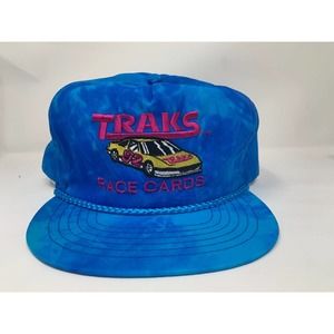 Vintage VTG 90s Tie Dye Traks Race Cards Adjustable Slide Back Rope Hat